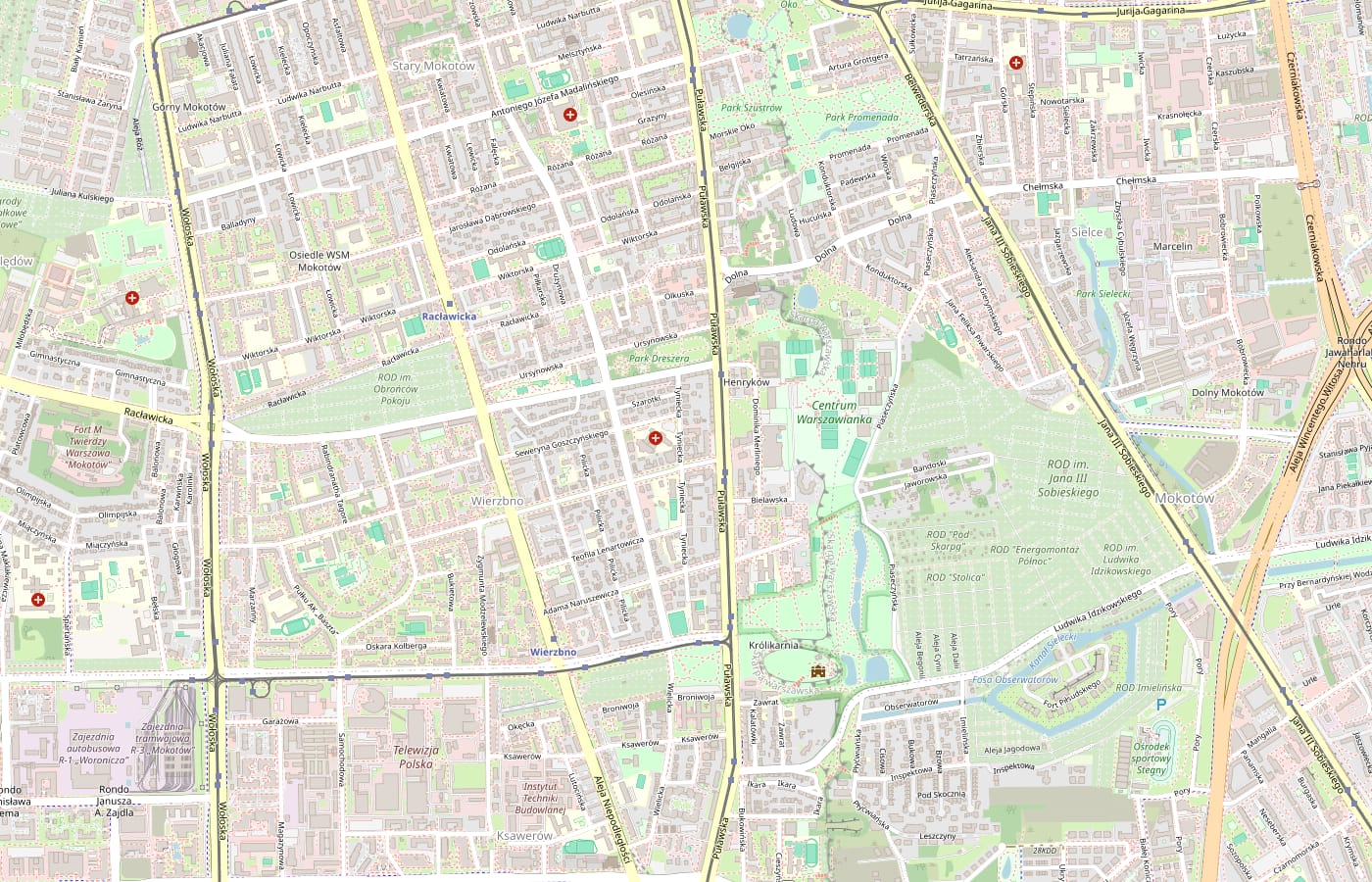 Mapa Mokotowa z zaznaczonym gabinetem psychoterapii przy ulicy Tynieckiej